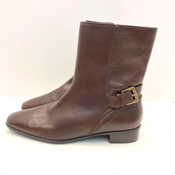 Talbots Ankle Boots Brown Leather Side Zip Womens 8.5 B Brazil Buckle Strap - Picture 2 of 11